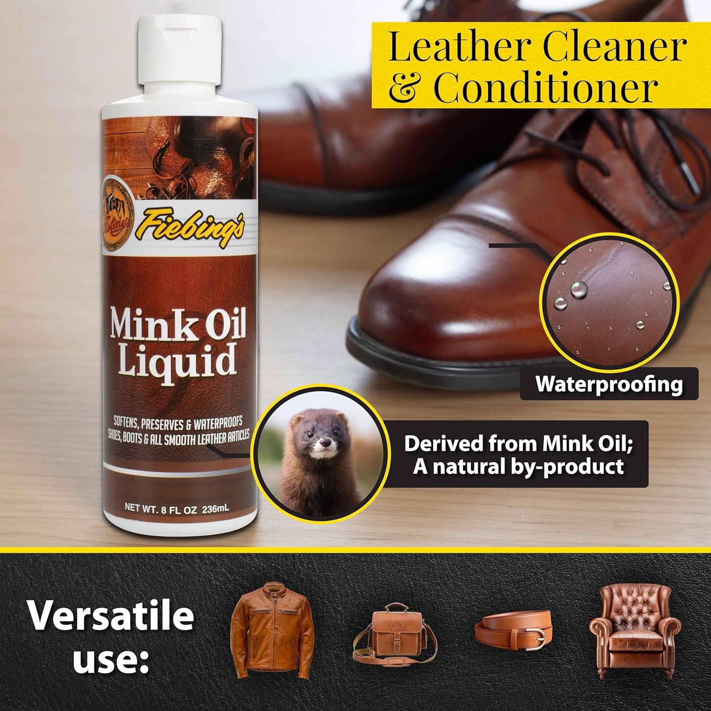 Fiebing's Liquid Mink Oil penetrates deep to restore leather flexibility and prevent damage