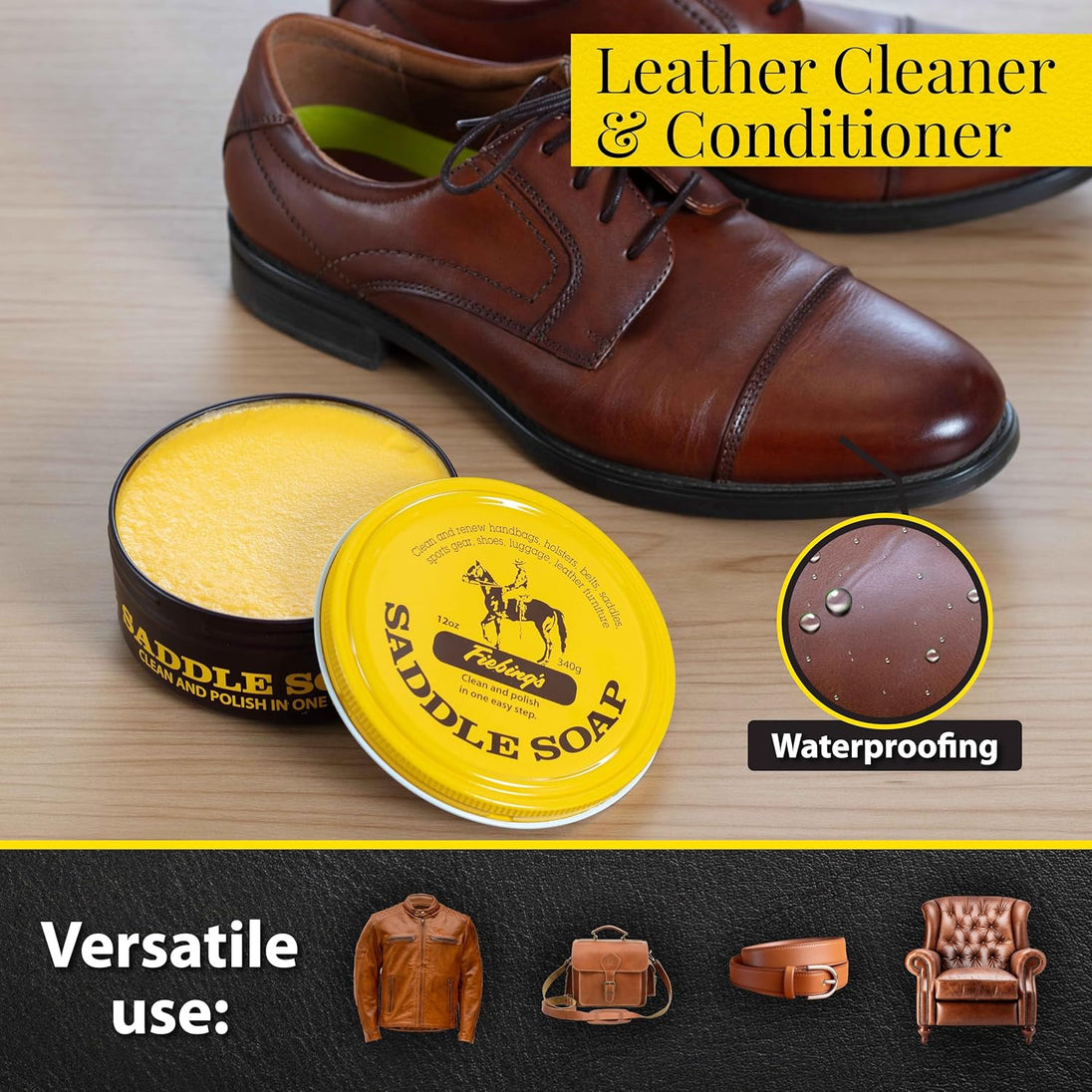 Rich creamy Fiebing's Saddle Soap conditions while removing dirt from leather