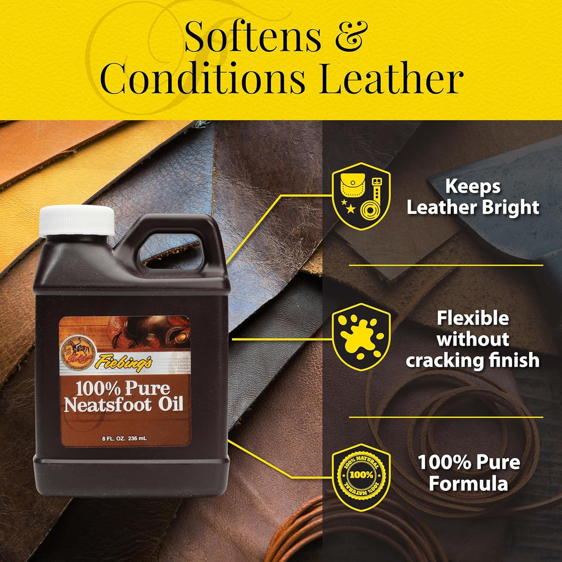 Traditional leather conditioner Fiebing's Pure Neatsfoot Oil prevents cracking