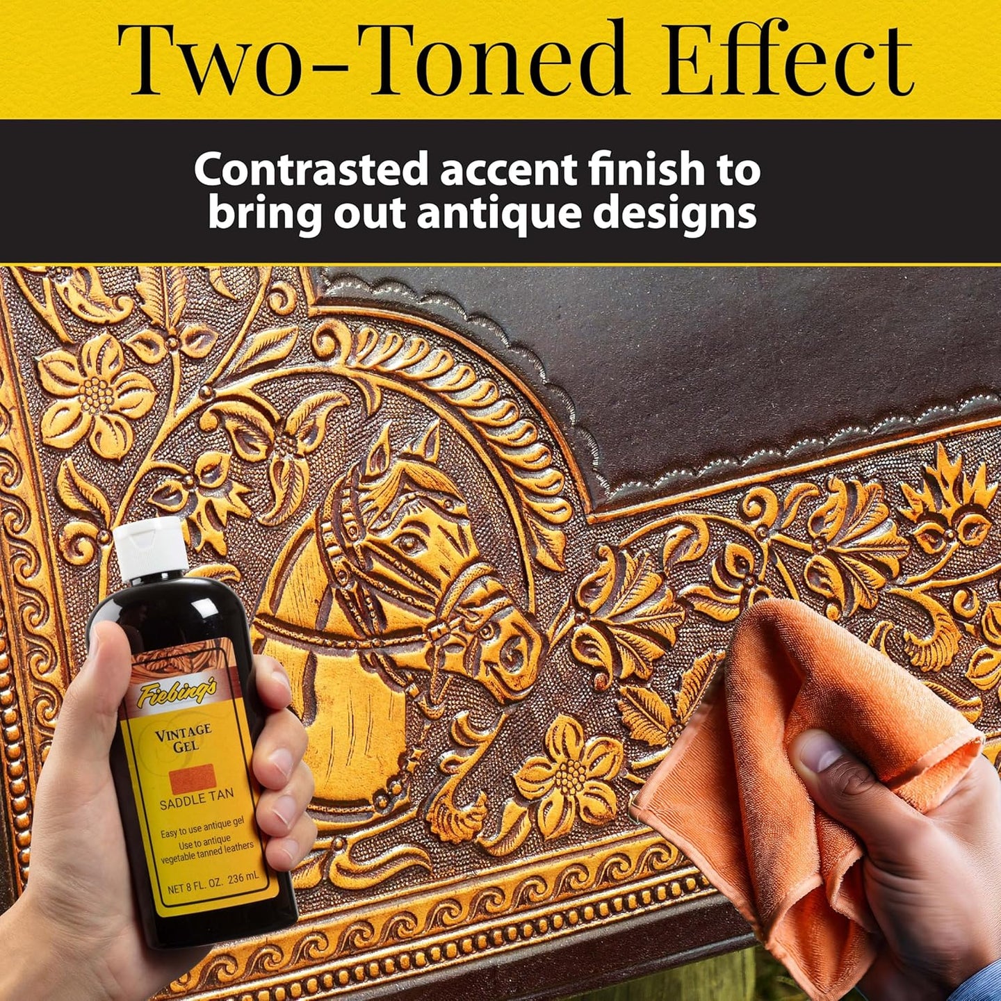 Fiebing's Vintage Gel saddle tan in a bottle for leather restoration and patina development