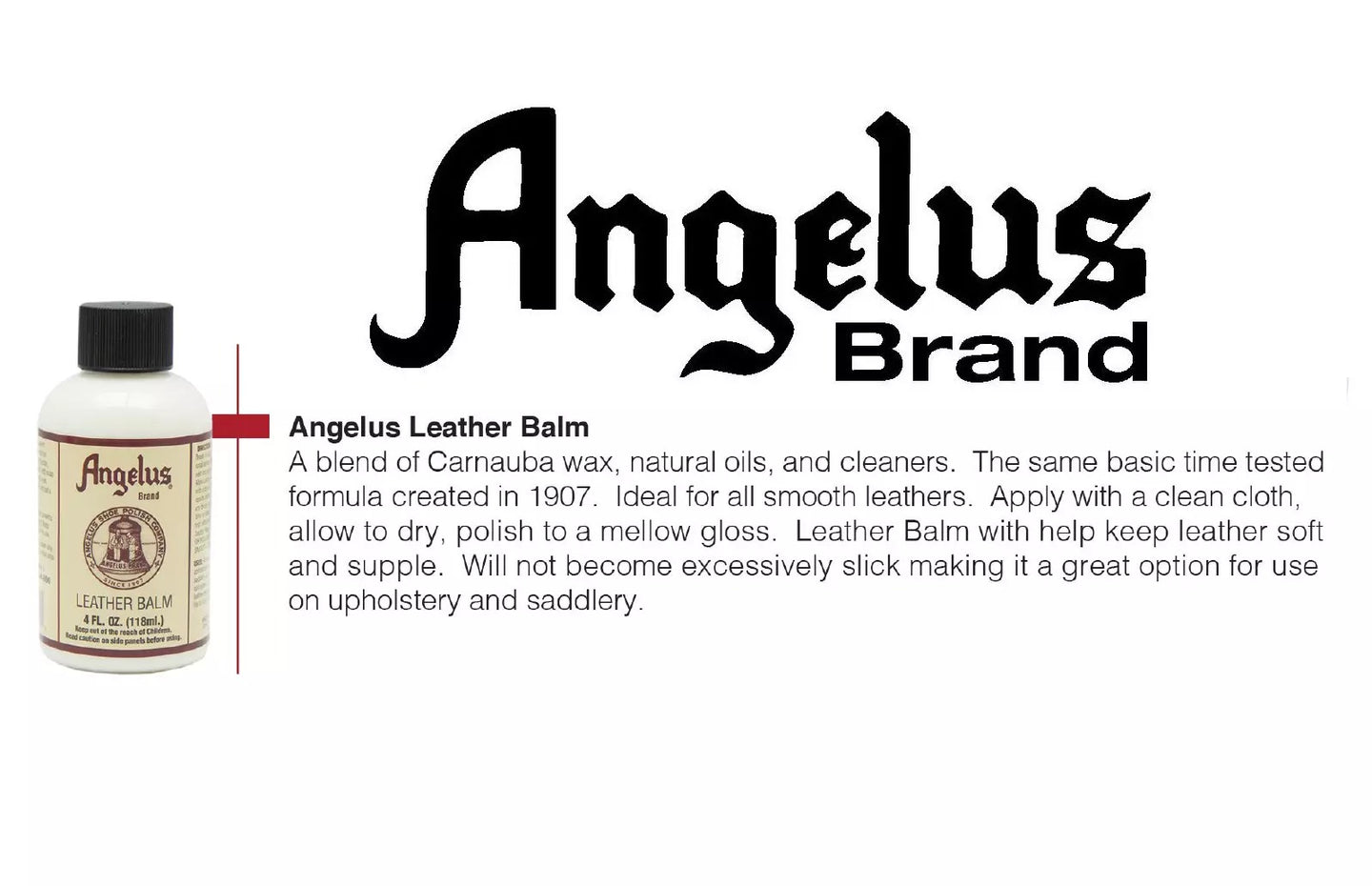 Vintage formula Angelus Leather Balm maintaining supple feel and robust appearance of smooth leather items