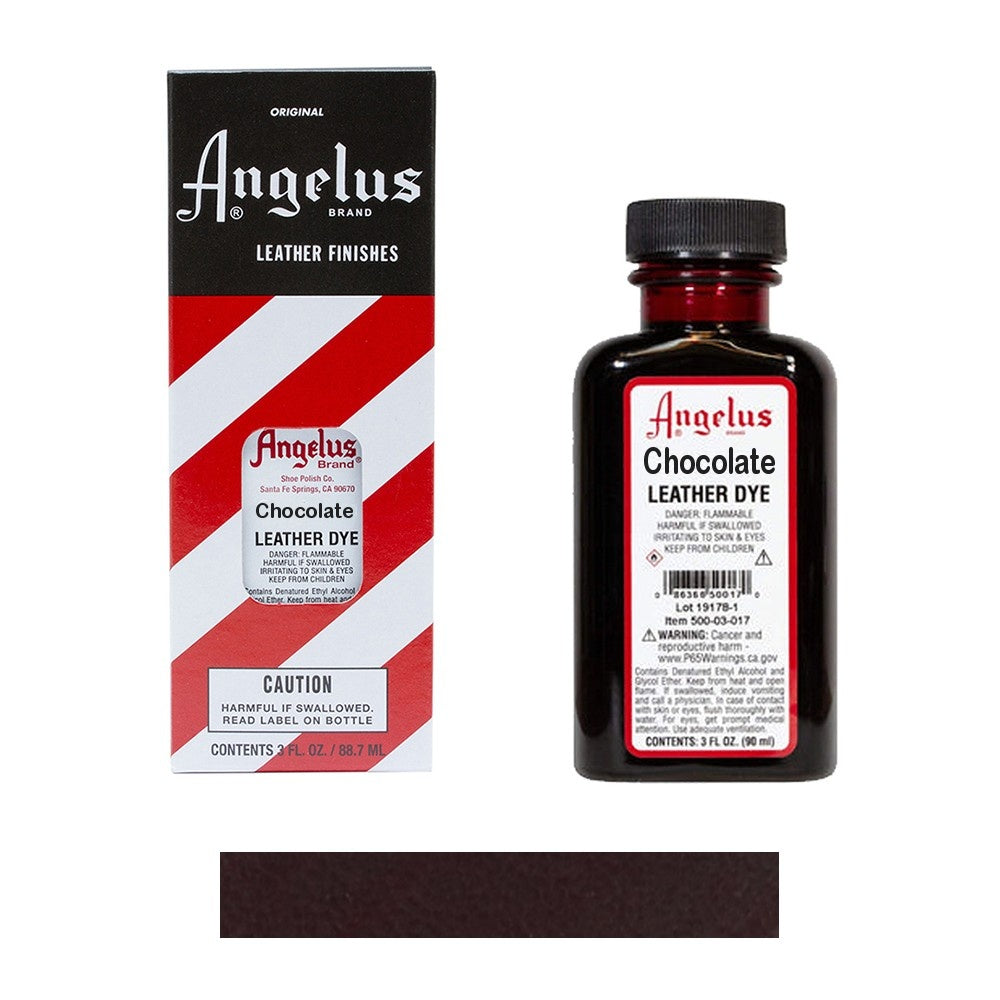 Angelus Chocolate Leather Dye bottle and packaging on a white background