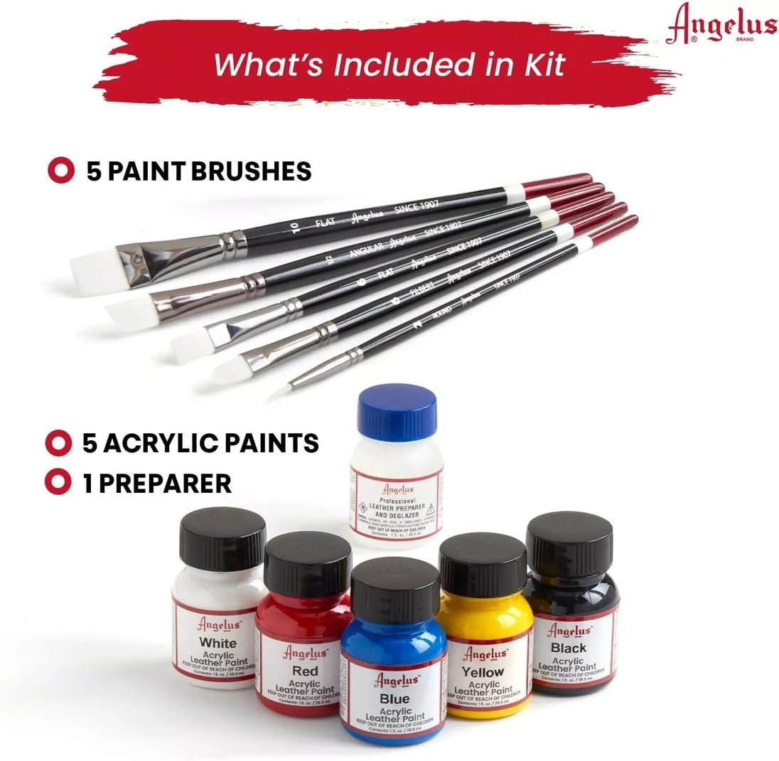 Angelus beginner kit with five essential colours for starting sneaker customisation projects