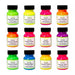 Individual bottles of Angelus neon acrylic paint showcasing the electric pink green and yellow for vibrant customisations