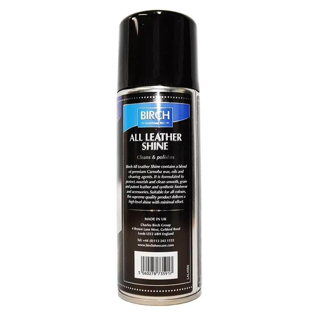 BIRCH All Leather Shine aerosol delivery system ensures complete coverage on difficult areas