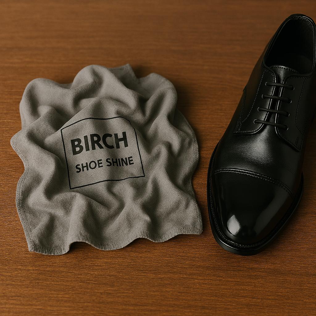 formal mens black leather shoes polished to a mirror shine gloss after usage of birch microfibre shoe polishing cloth