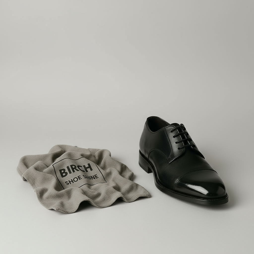 Black leather shoe and gray cloth with 'Birch Shoe Shine' logo on a light gray background