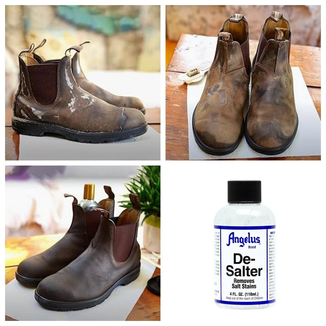 Angelus De-Salter solution applied to cloth for targeted treatment of salt-stained areas on leather goods