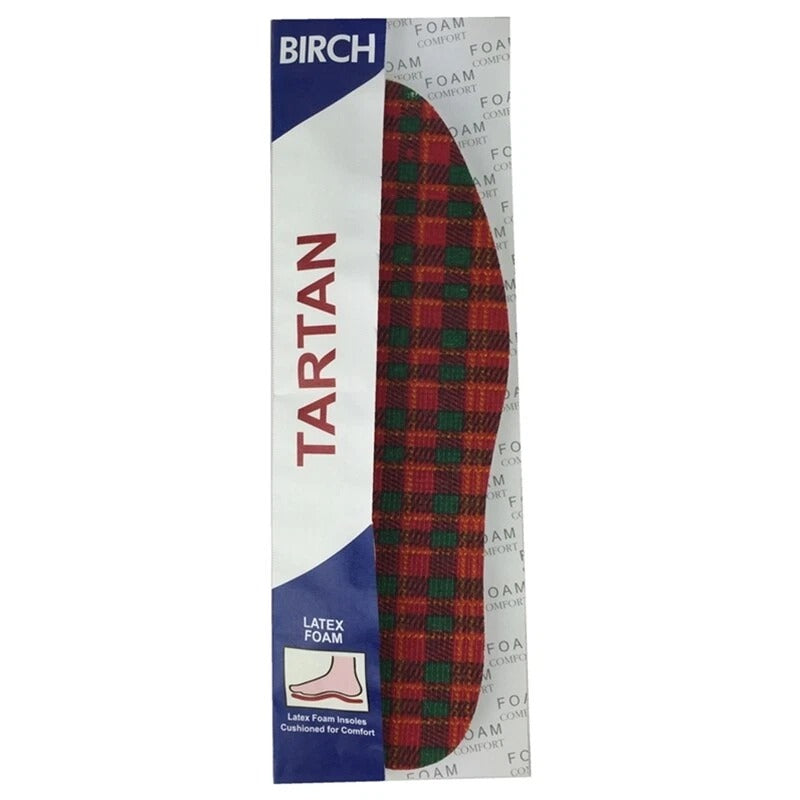 Packaged tartan shoe insert with Birch branding on a white background