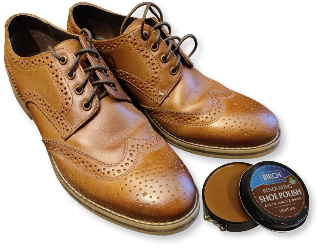 Applying BIRCH Renovating Shoe Polish to leather shoes for colour restoration and care
