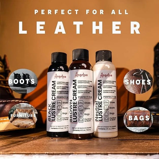 Angelus Lustre Cream colour chart showing available shades for different leather restoration and care projects