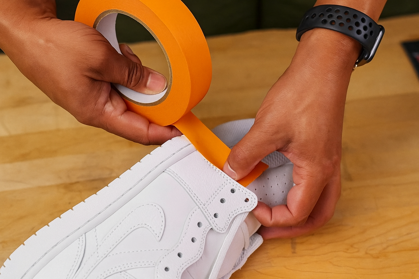 bright orange masking tape conforms to curves and corners for complex sneaker designs and detailed artwork