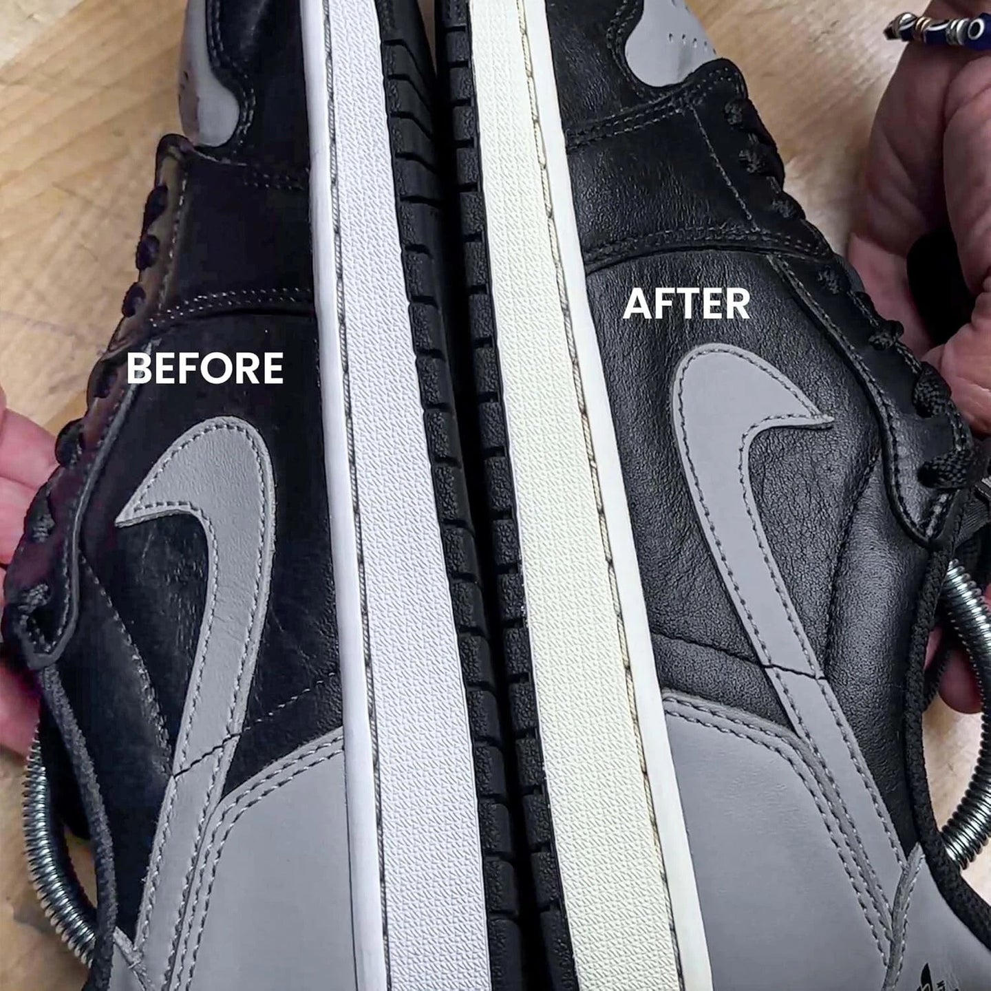 Close-up view of Angelus Midsole Colour application showing complete coverage on worn sneaker sole restoration project