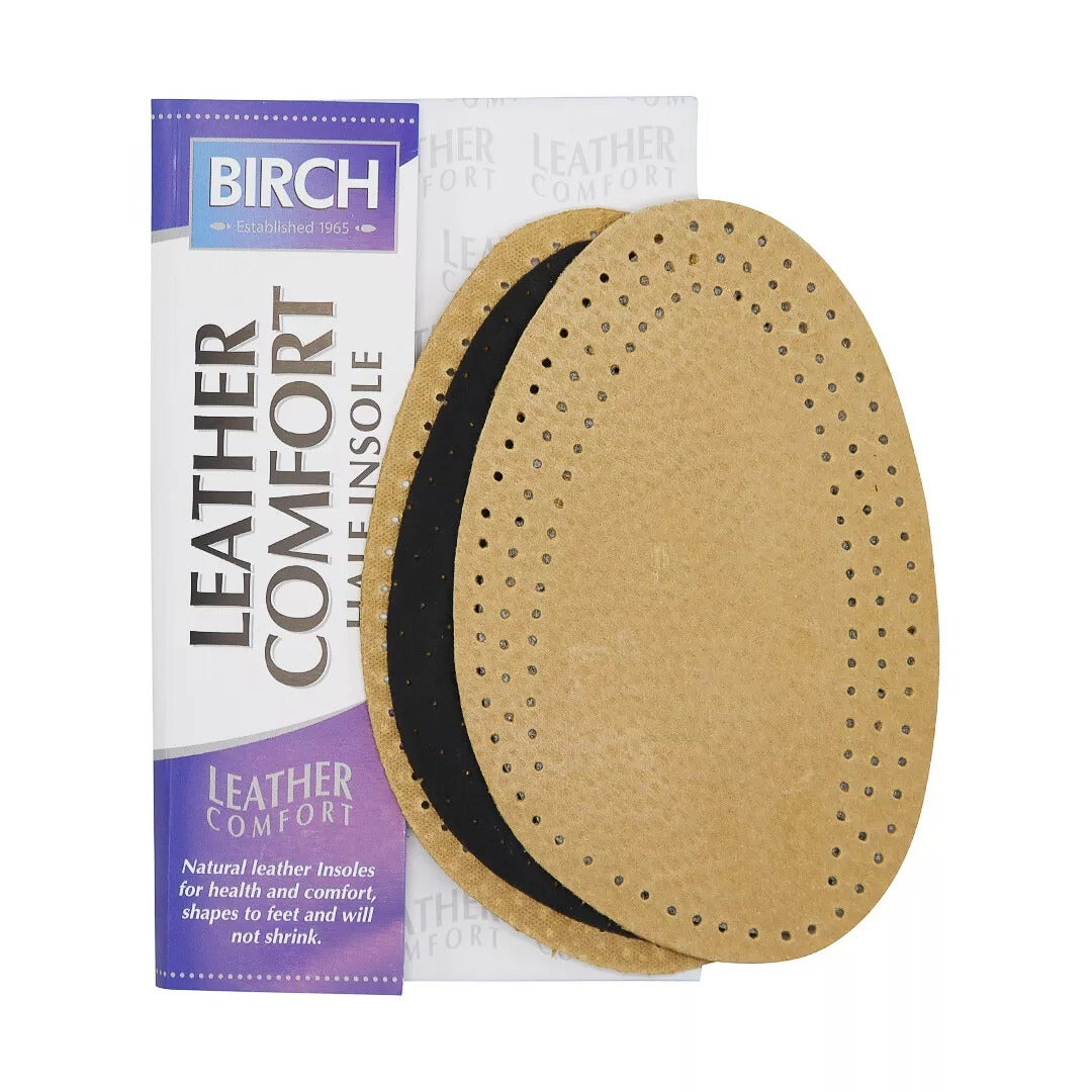 Add durable comfort with BIRCH ladies leather half insoles providing superior forefoot support moisture absorption and long-lasting quality