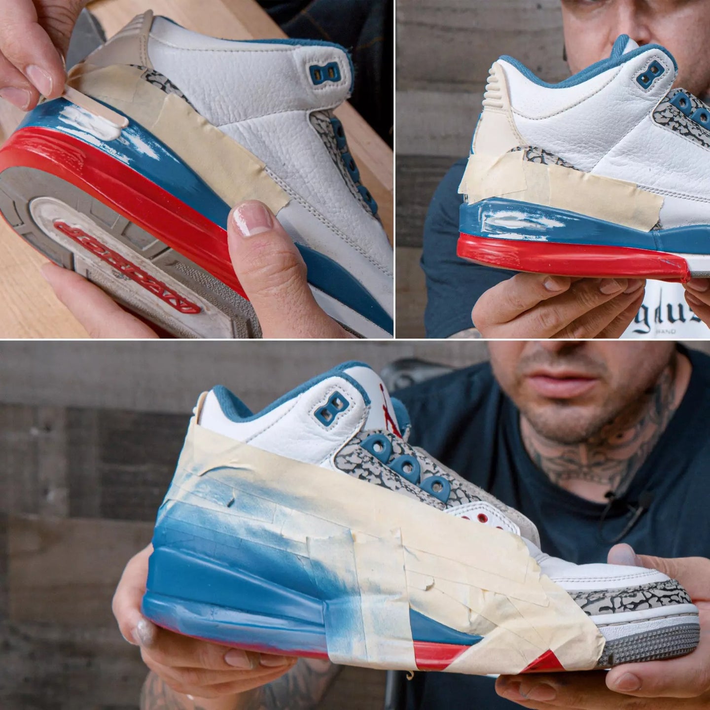 Application technique showing Angelus Paintable Filler being spread smoothly into leather imperfections for flawless surface preparation