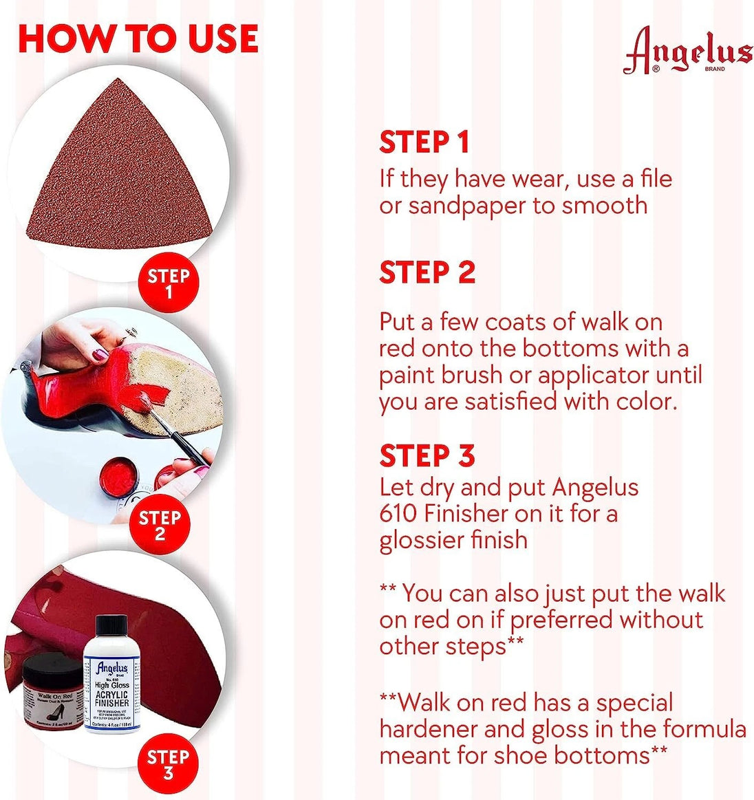 Workspace setup with Angelus Walk On Red paint and luxury shoes showing professional sole restoration process in action