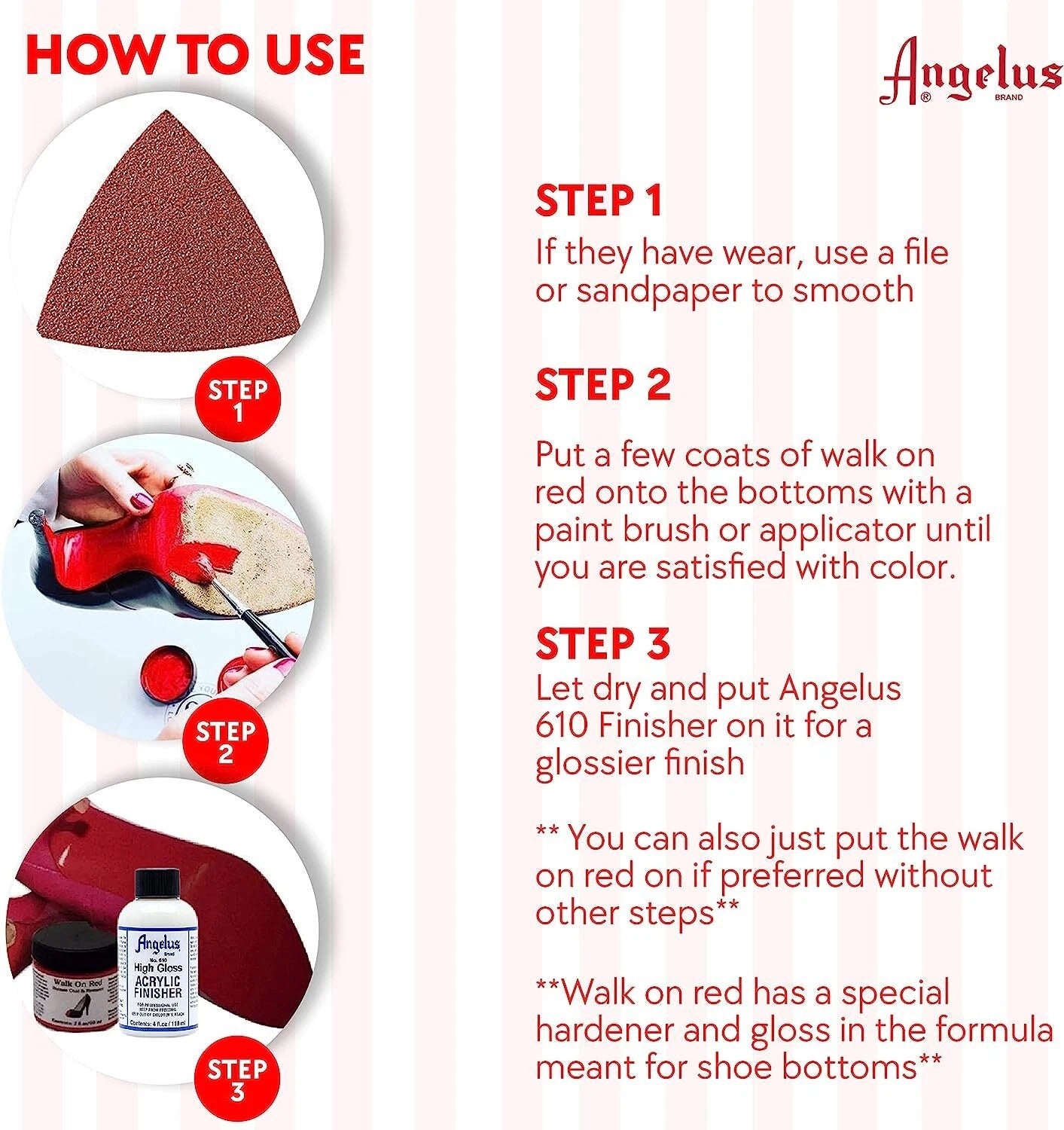 Workspace setup with Angelus Walk On Red paint and luxury shoes showing professional sole restoration process in action