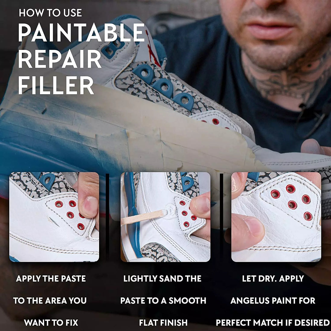Close-up of Angelus Paintable Filler consistency perfect for filling scuffs and damage on custom sneakers and leather accessories