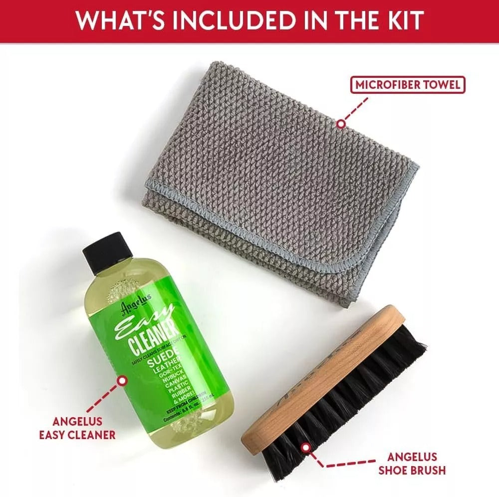 Angelus easy cleaner kit includes everything for professional results: 236ml cleaner premium brush and microfibre cloth