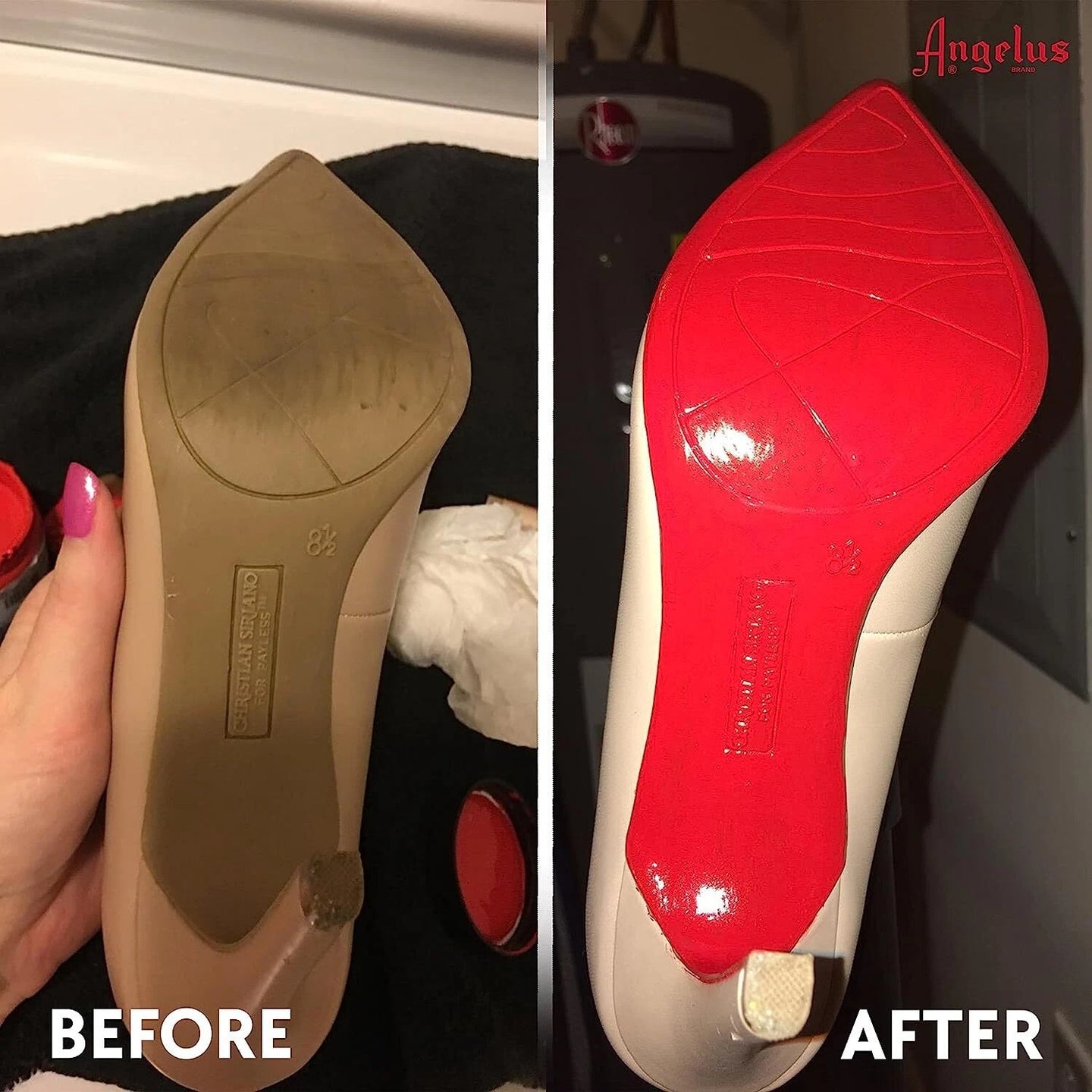 Professional application of Angelus Walk On Red paint showing precise restoration of worn red soles on luxury fashion footwear