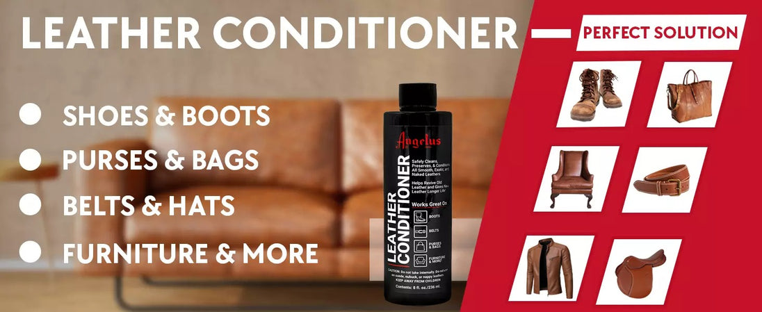 Professional leather care with Angelus Conditioner maintaining smooth leather surfaces on boots bags and jackets