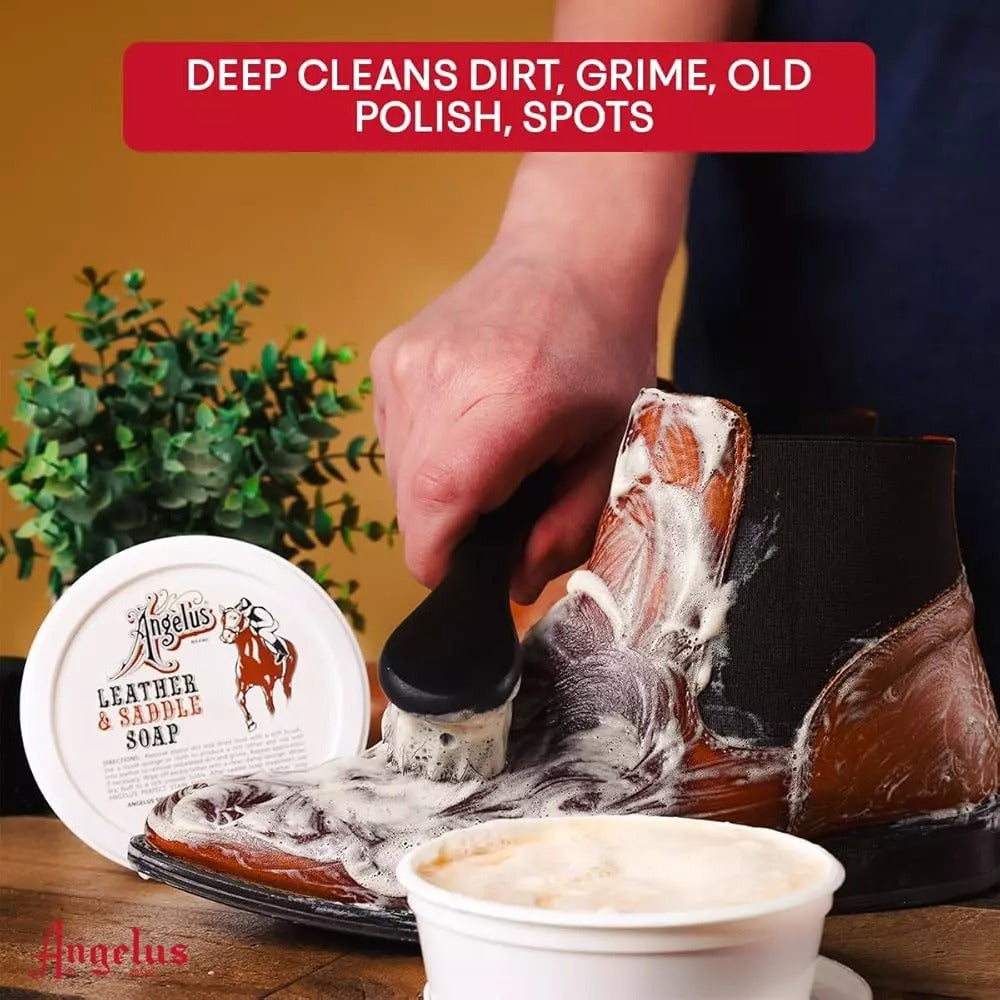 Before and after demonstration of Angelus Saddle Soap restoring appearance and protection to leather