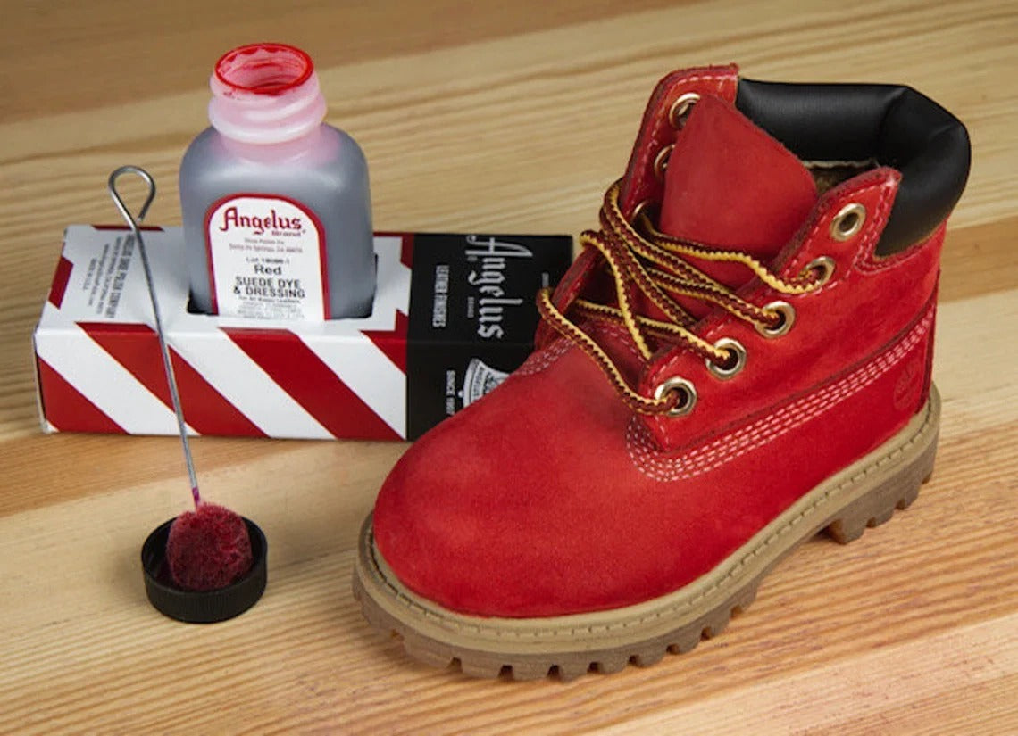 Colour restoration process using Angelus Suede Dye & Dressing on faded suede jacket and accessories