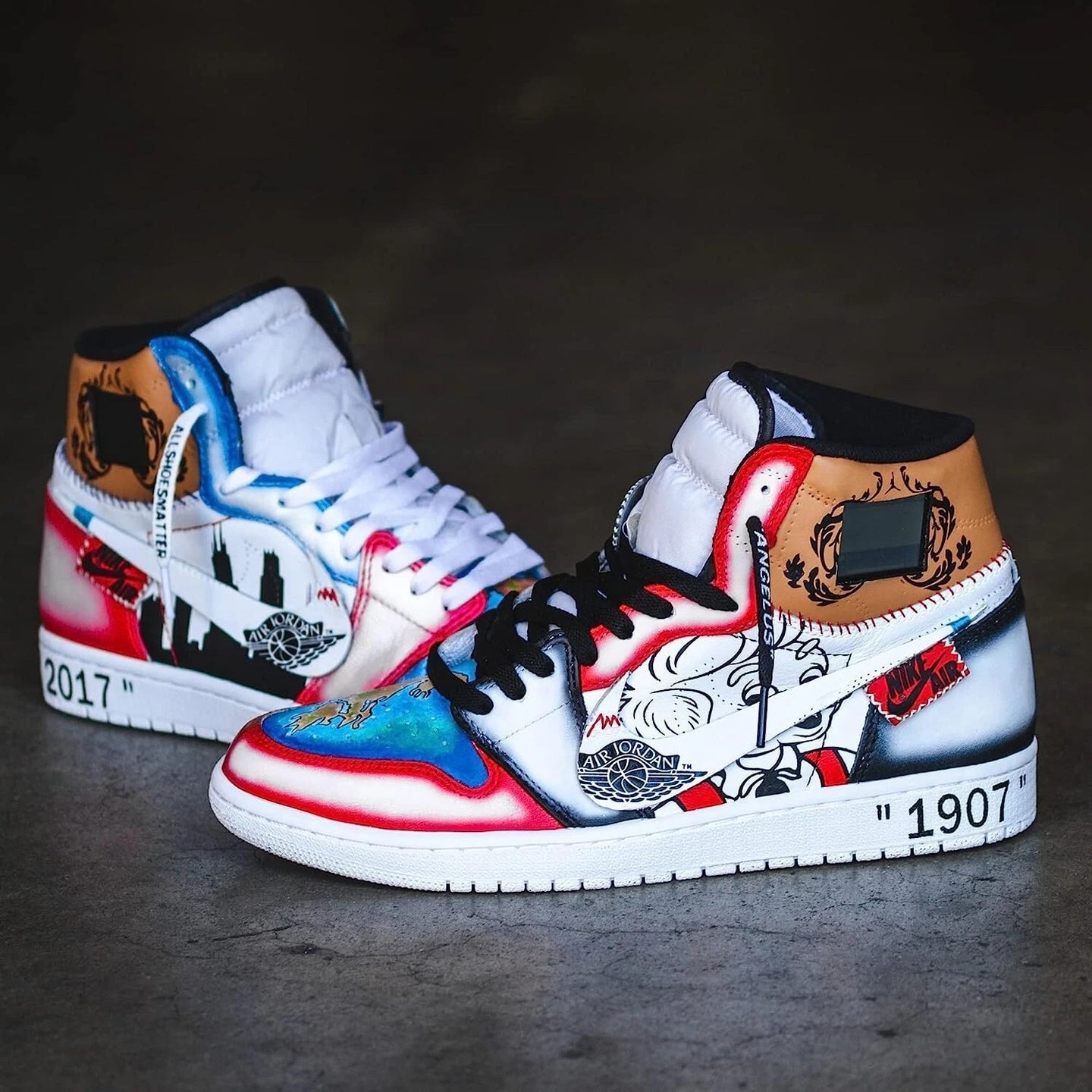 Close up of Angelus Basics Kit paints and tools for custom sneaker artwork creation process