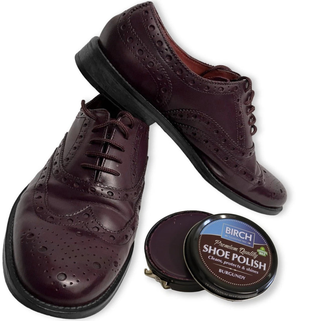 BIRCH Traditional Shoe Polish 50ml Burgundy tin offers a time-tested formula for deep conditioning and protecting all leather shoes