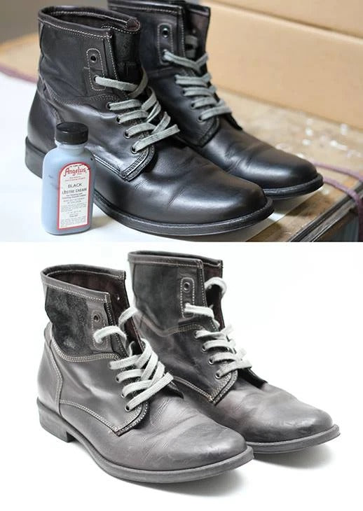 Angelus Lustre Cream application creating satin shine while protecting leather from wear and tear damage