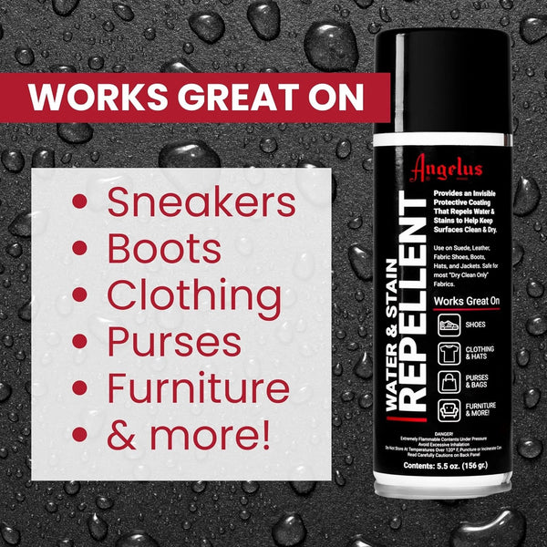 Angelus aerosol repellent creates a powerful invisible barrier on various materials defending against both water damage and stains