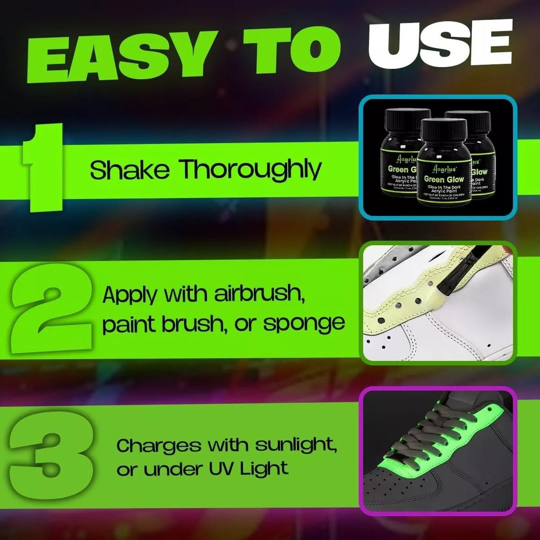Charging process showing Angelus Glow in the Dark paint under light source before glowing in darkness