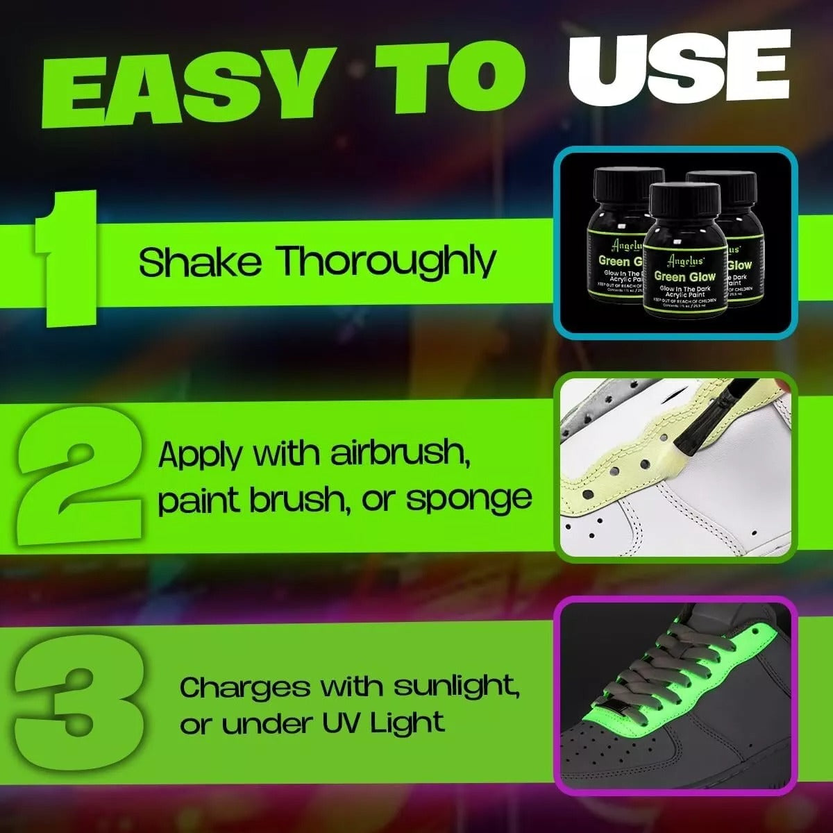 Charging process showing Angelus Glow in the Dark paint under light source before glowing in darkness