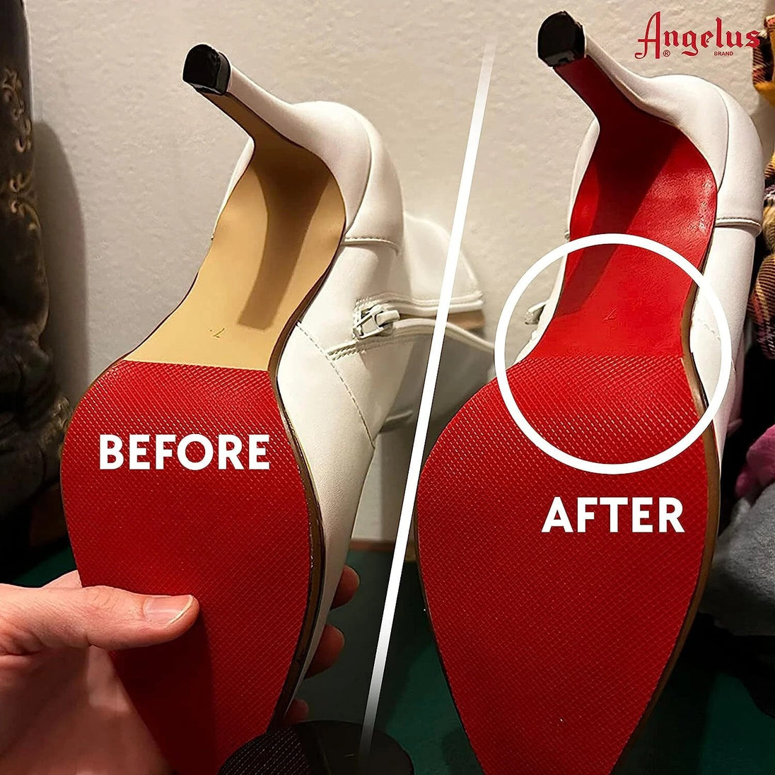 Before and after comparison using Angelus Walk On Red paint restoring faded red soles to original vibrant luxury appearance
