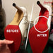 Before and after comparison using Angelus Walk On Red paint restoring faded red soles to original vibrant luxury appearance