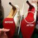 Before and after comparison using Angelus Walk On Red paint restoring faded red soles to original vibrant luxury appearance