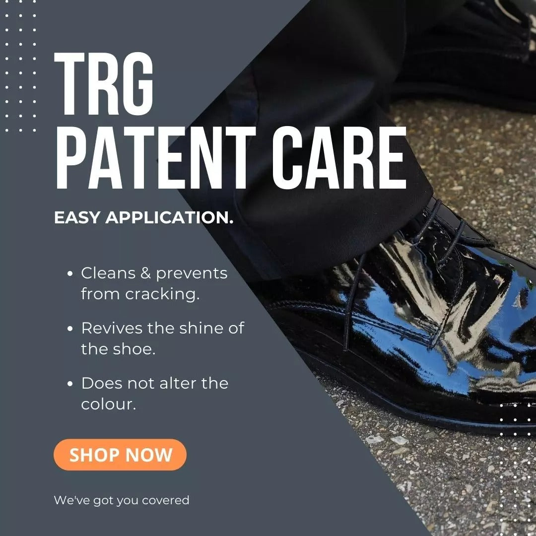 Applying TRG Patent Care with applicator to maintain high-gloss finish on patent leather shoes and bags