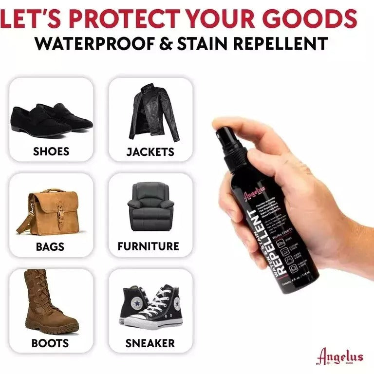 The non-aerosol Angelus water and stain repellent allows for precise application on leather goods shoes and technical fabrics