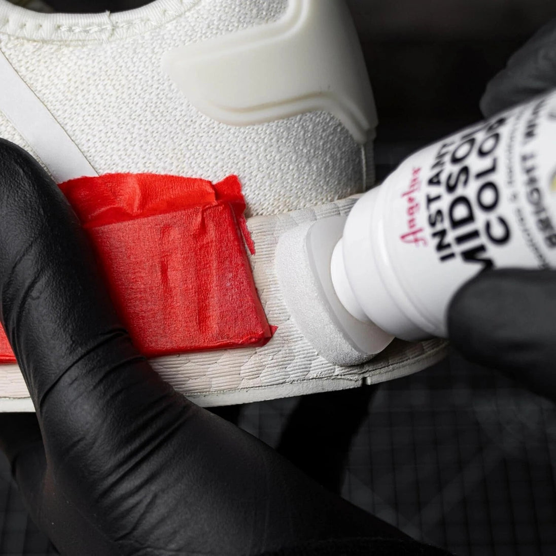 Angelus Jet Black Midsole Colour application on sneaker sole providing full coverage and colour restoration in one step