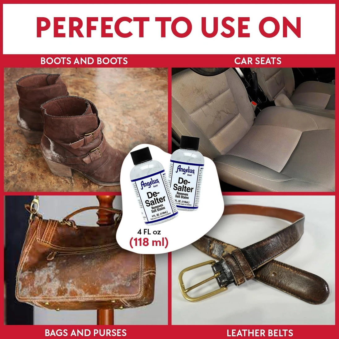 Detailed view of salt stain removal process using Angelus De-Salter solution on damaged leather footwear