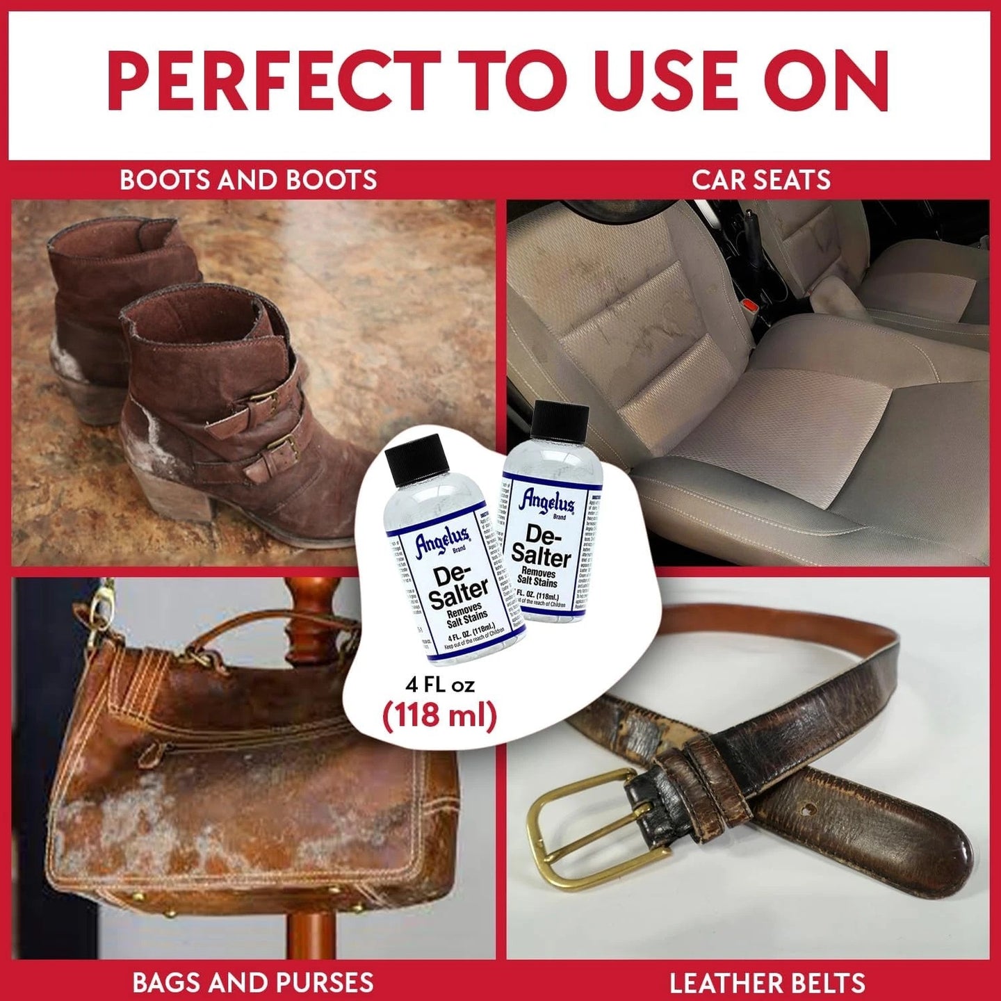 Detailed view of salt stain removal process using Angelus De-Salter solution on damaged leather footwear