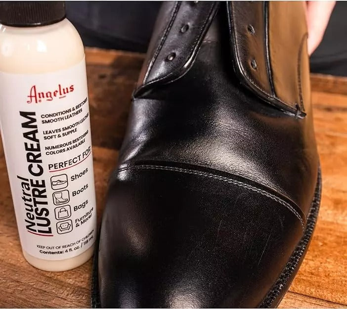Angelus Lustre Cream application on dress shoes providing regular maintenance and appearance enhancement