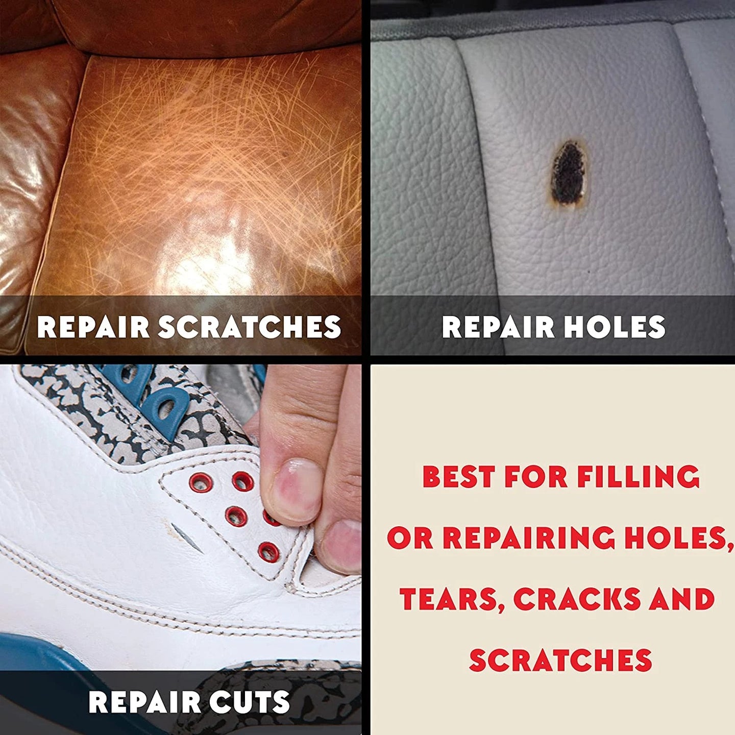 Before and after demonstration using Angelus Paintable Filler to repair imperfections on sneaker surfaces before painting