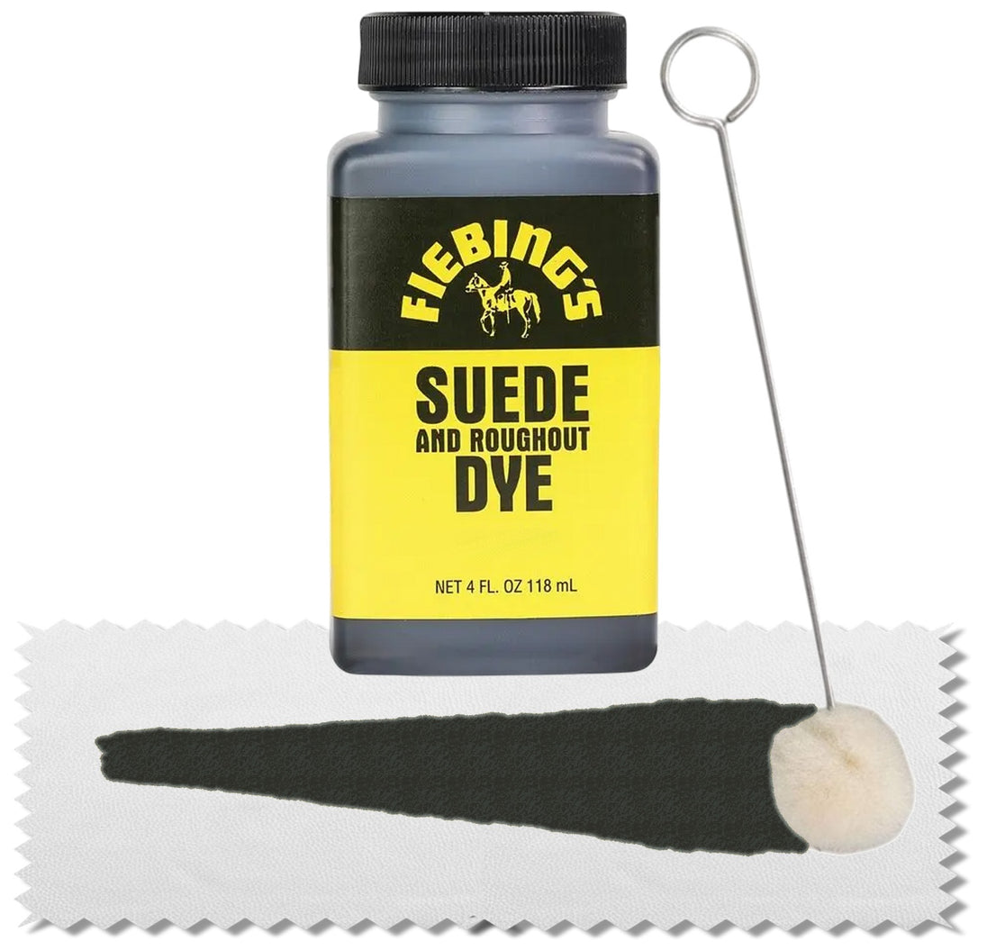 Fiebing's Suede Dye Black 4oz bottle for professional suede and roughout leather colour restoration