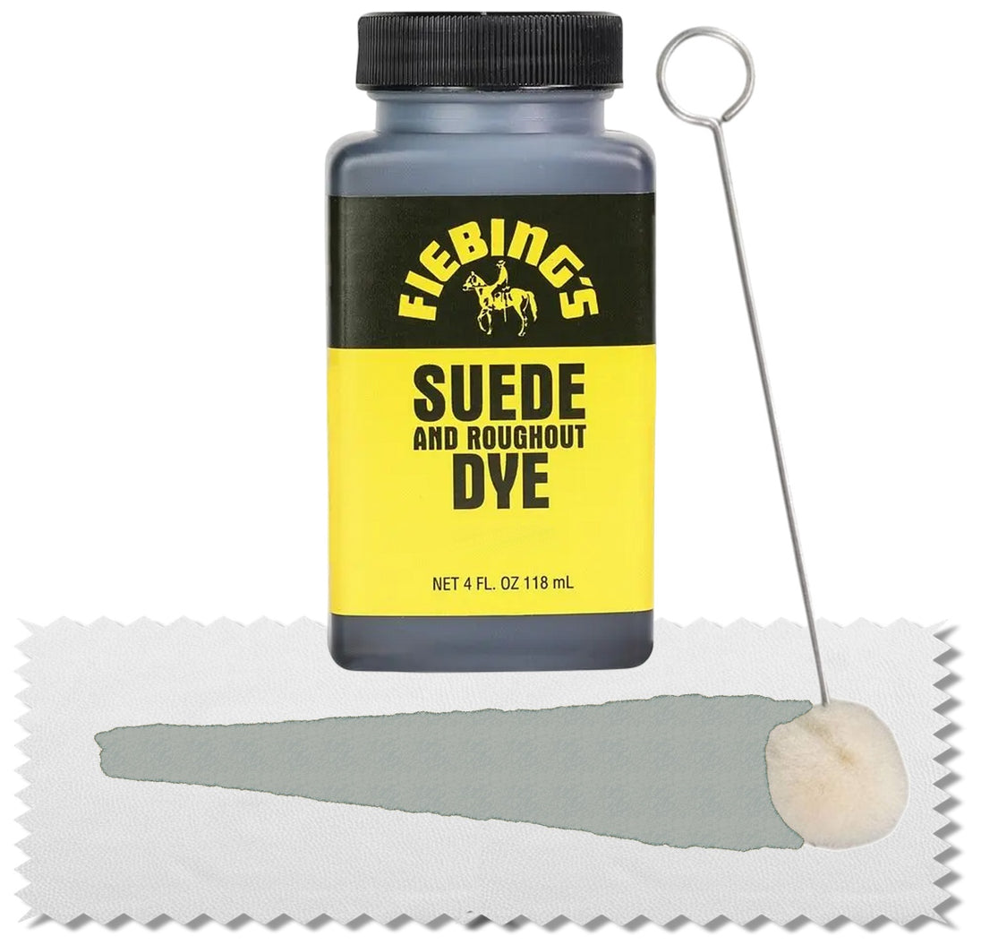 Grey Fiebing's Suede Dye specially formulated for nubuck and delicate suede material rejuvenation