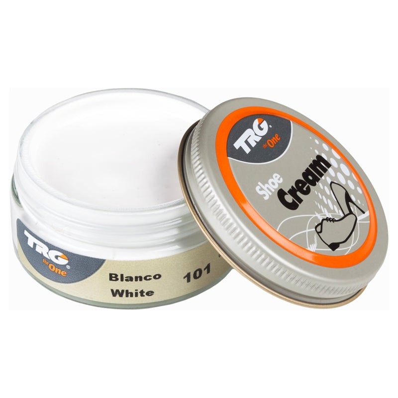 Condition and protect leather shoes with White TRG shoe cream in a professional 50ml dumpi jar container for maintenance