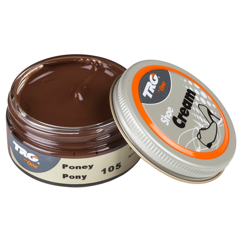 Professional shoe care with TRG Pony colour cream for leather conditioning and maintenance in a convenient 50ml dumpi jar