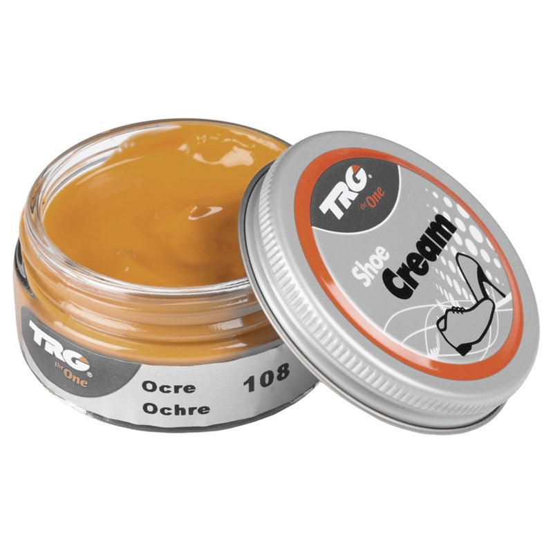 Enhance leather shoes with TRG Ochre professional cream for conditioning and colour maintenance in 50ml dumpi jar