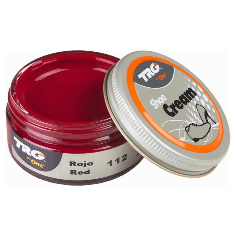 TRG Red colour professional shoe cream in a 50ml dumpi jar providing leather conditioning and vibrant colour maintenance