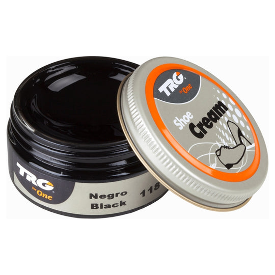 Professional leather shoe cream in Black shade for conditioning and colour maintenance in a TRG 50ml dumpi jar with protection